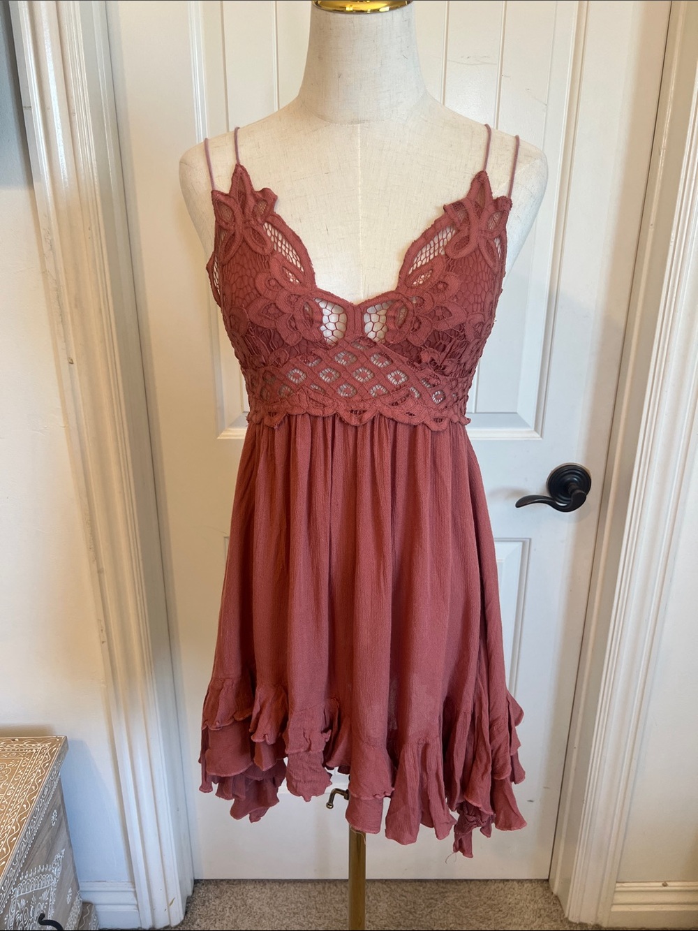 Free People one Crochet Bodice Spaghetti Strap Mini Dress - brown/Rosewood.